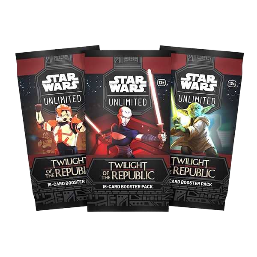 Tre pacchetti booster Twilight of the Republic Star Wars Unlimited TCG con immagini di un clone trooper, Asajj Ventress e Yoda sulle confezioni