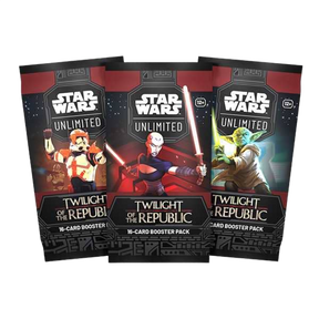 Tre pacchetti booster Twilight of the Republic Star Wars Unlimited TCG con immagini di un clone trooper, Asajj Ventress e Yoda sulle confezioni
