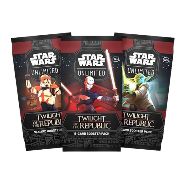 Tre pacchetti booster Twilight of the Republic Star Wars Unlimited TCG con immagini di un clone trooper, Asajj Ventress e Yoda sulle confezioni