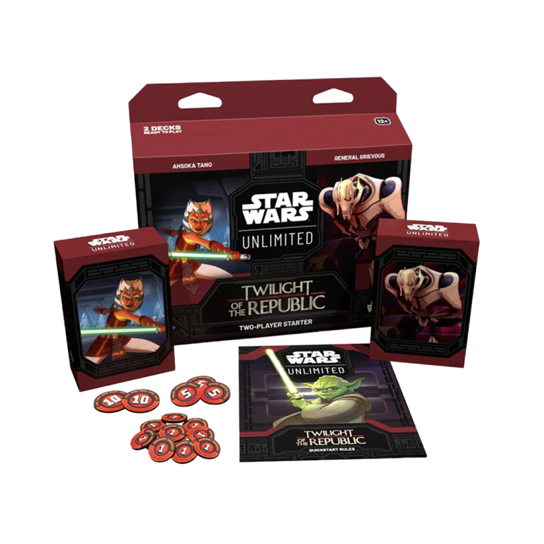 Twilight of the Republic Starter Deck di Star Wars Unlimited TCG, che include due mazzi con Ahsoka Tano e Generale Grievous, segnalini, guida introduttiva con Yoda, e altri materiali di gioco