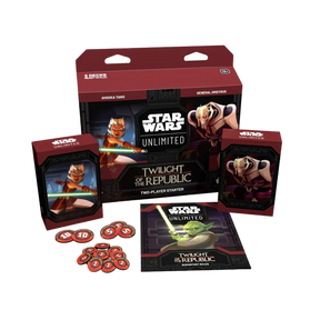 Twilight of the Republic Starter Deck di Star Wars Unlimited TCG, che include due mazzi con Ahsoka Tano e Generale Grievous, segnalini, guida introduttiva con Yoda, e altri materiali di gioco