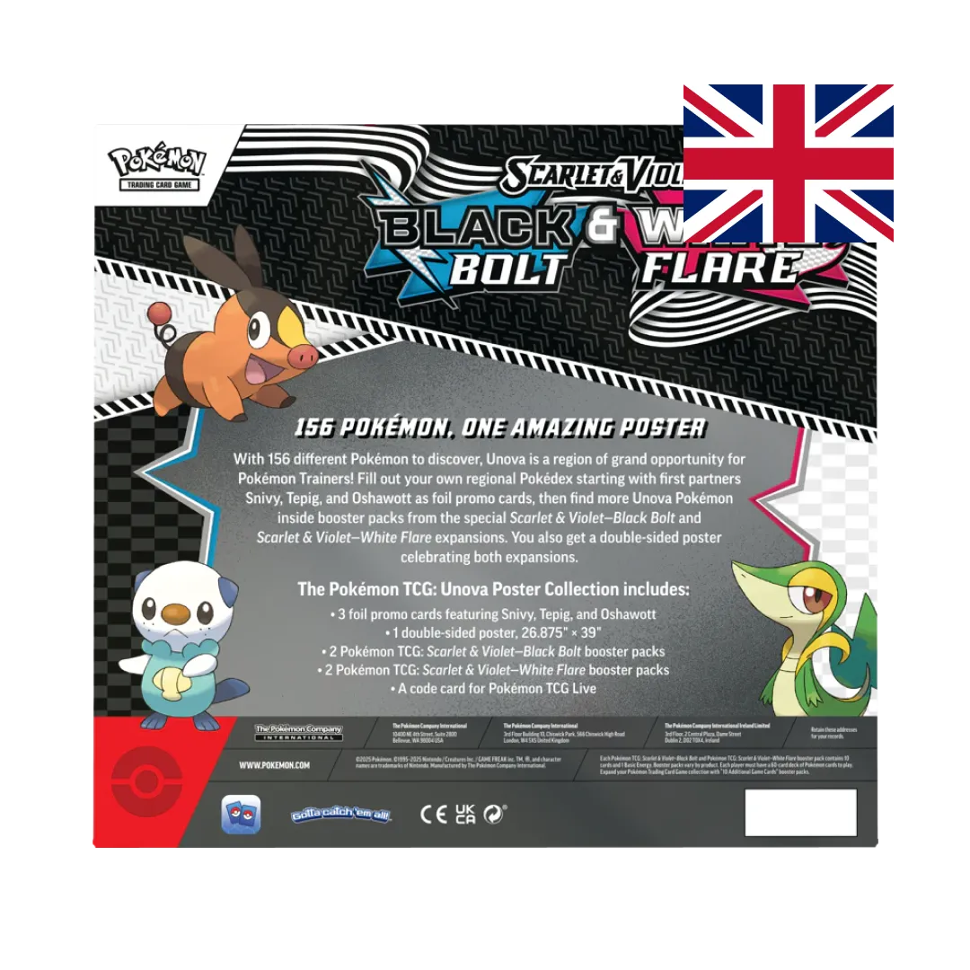 Back of Pokémon TCG Scarlet & Violet—Black Bolt & White Flare Unova Poster Collection (EN), contents list and approx. 27"×39" double-sided poster details.