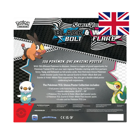 Back of Pokémon TCG Scarlet & Violet—Black Bolt & White Flare Unova Poster Collection (EN), contents list and approx. 27"×39" double-sided poster details.