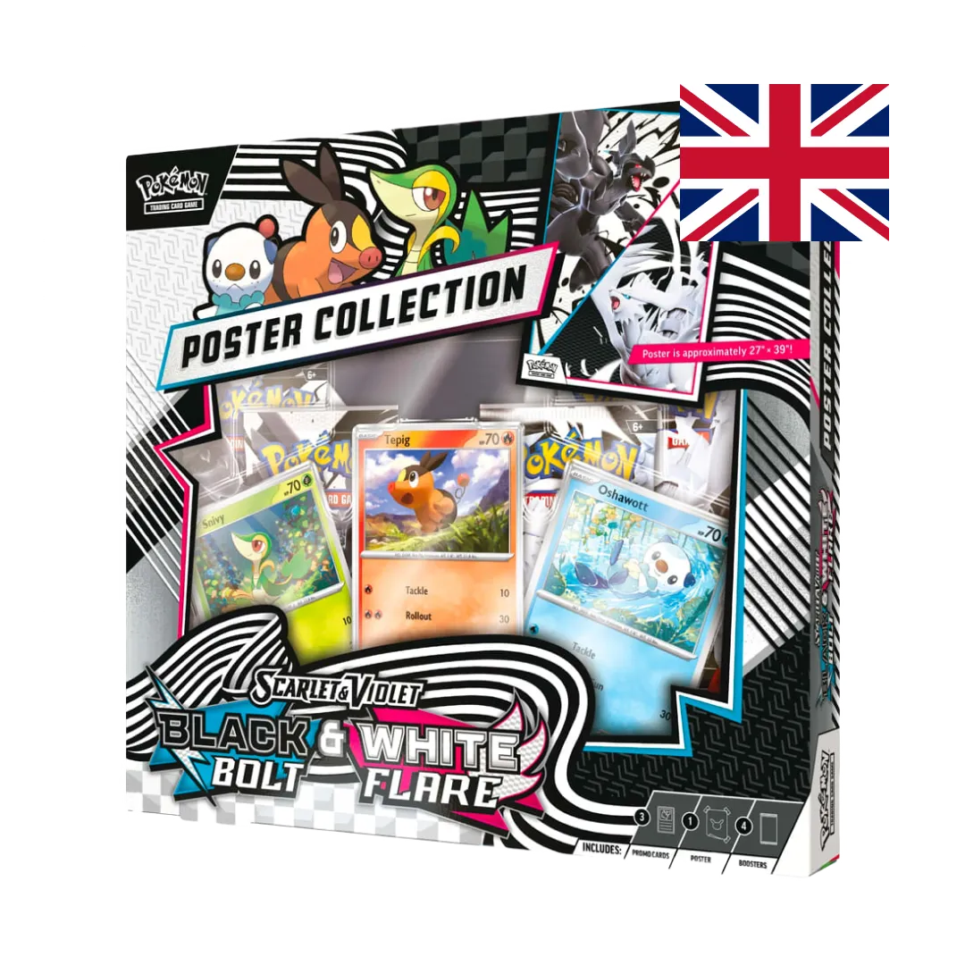 Pokémon TCG Scarlet & Violet—Black Bolt & White Flare Poster Collection (EN), front box with Snivy, Tepig, and Oshawott promo cards and poster callout.