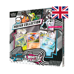 Pokémon TCG Scarlet & Violet—Black Bolt & White Flare Poster Collection (EN), front box with Snivy, Tepig, and Oshawott promo cards and poster callout.
