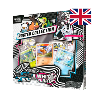 Pokémon TCG Scarlet & Violet—Black Bolt & White Flare Poster Collection (EN), front box with Snivy, Tepig, and Oshawott promo cards and poster callout.