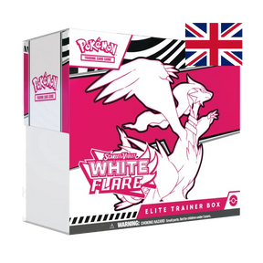 L'Elite Trainer Box White Flare sfoggia il magnifico Reshiram in una rappresentazione artistica mozzafiato su sfondo bianco e magenta. Le fiamme stilizzate e il design elegante catturano perfettamente l'essenza del Pokémon Drago/Fuoco leggendario. La combinazione cromatica audace rende questa elite trainer box un capolavoro visivo.
