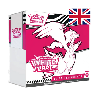 L'Elite Trainer Box White Flare sfoggia il magnifico Reshiram in una rappresentazione artistica mozzafiato su sfondo bianco e magenta. Le fiamme stilizzate e il design elegante catturano perfettamente l'essenza del Pokémon Drago/Fuoco leggendario. La combinazione cromatica audace rende questa elite trainer box un capolavoro visivo.