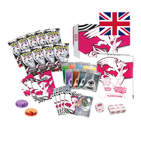 L'intero arsenale dell'Elite Trainer Box White Flare in bella mostra: 9 bustine dell'espansione White Flare, il set completo di carte Energia, dadi specializzati, bustine protettive tema Reshiram, la carta promozionale esclusiva e tutti gli accessori necessari per l'allenatore competitivo.
