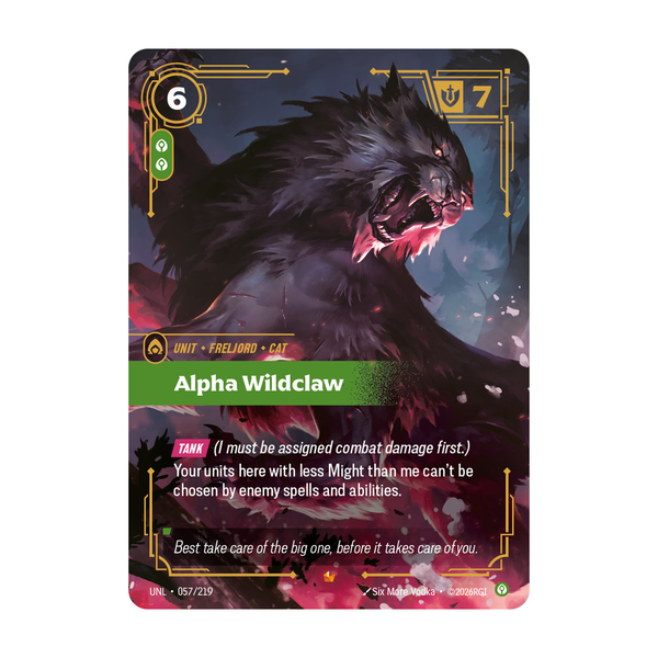 Riftbound Unit: Alpha Wildclaw. [Tank] (I must be assigned combat damage first.)
Your units here with less Might than me can't be chosen by enemy spells and abilities.