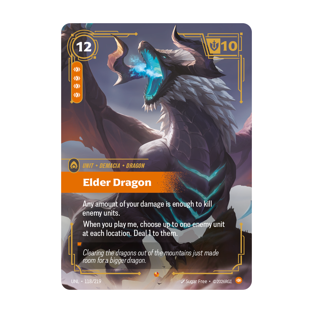 Riftbound Unit: Elder Dragon. Any amount of your damage is enough to kill enemy units.
When you play me, choose up to one enemy unit at each location. Deal 1 to them.
