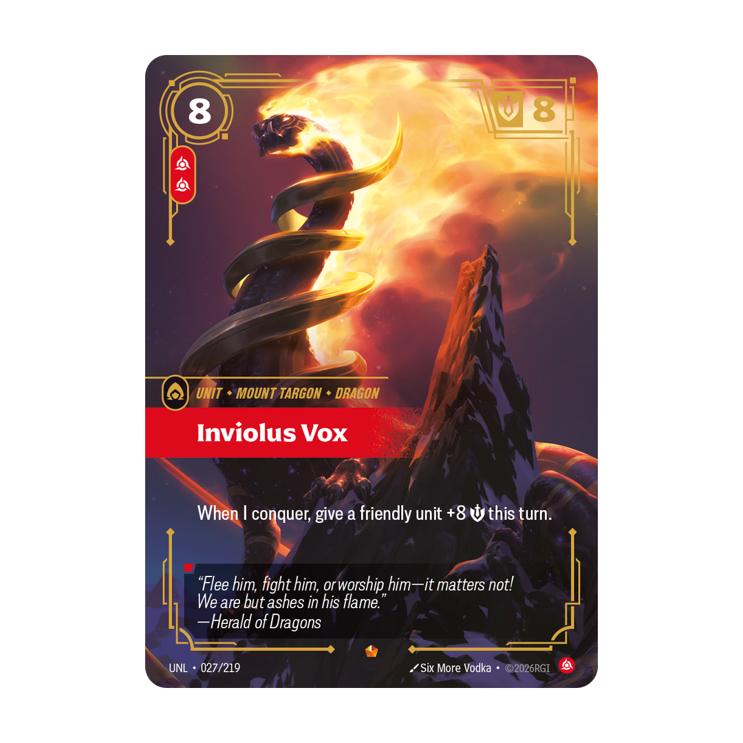 Riftbound Unit: Inviolus Vox. When I conquer, give a friendly unit +8 [S] this turn.