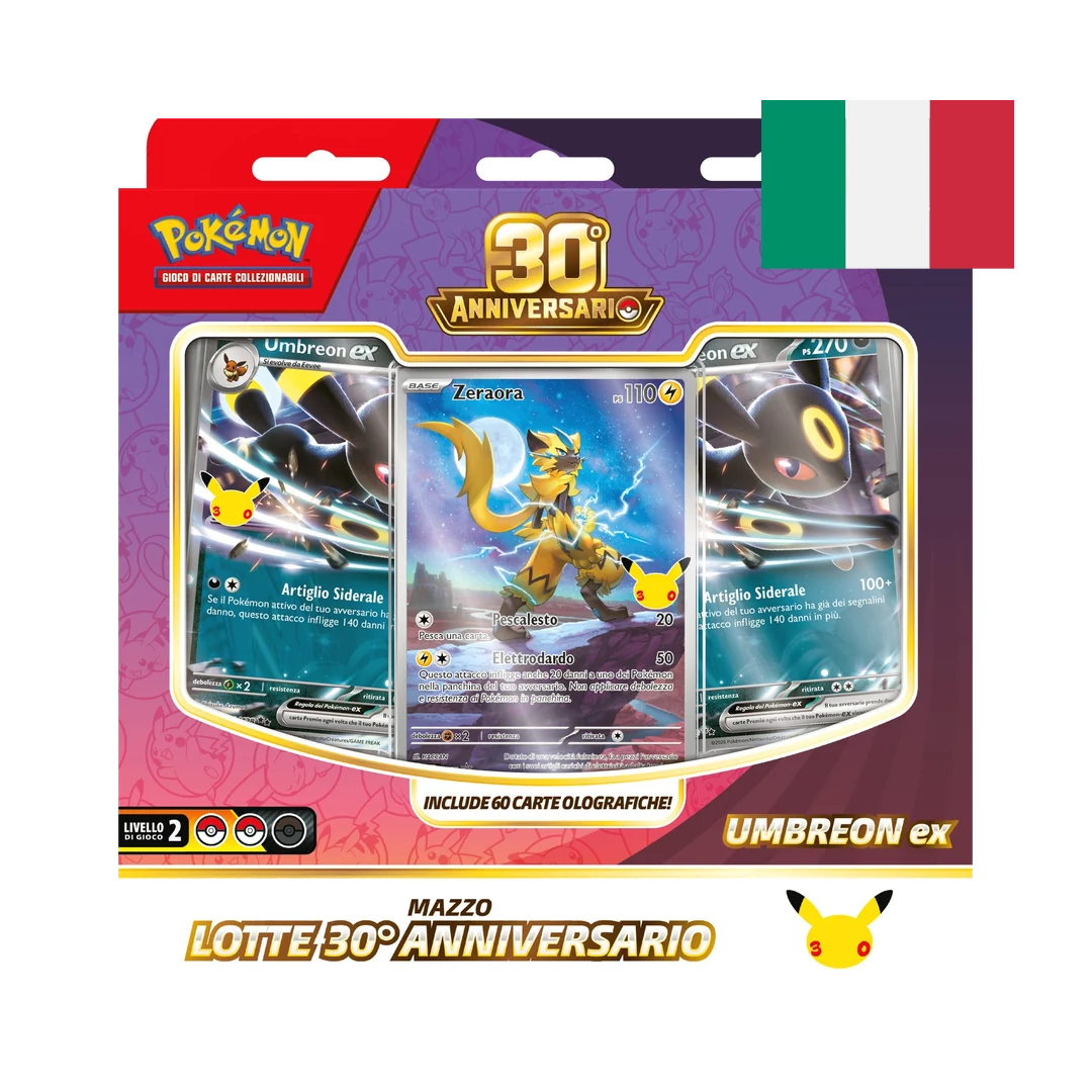 Mazzo Lotte Umbreon-ex 30° Anniversario Pokémon TCG (ITA): 60 carte tutte olografiche, Zeraora, porta-mazzo, moneta e segnapunti