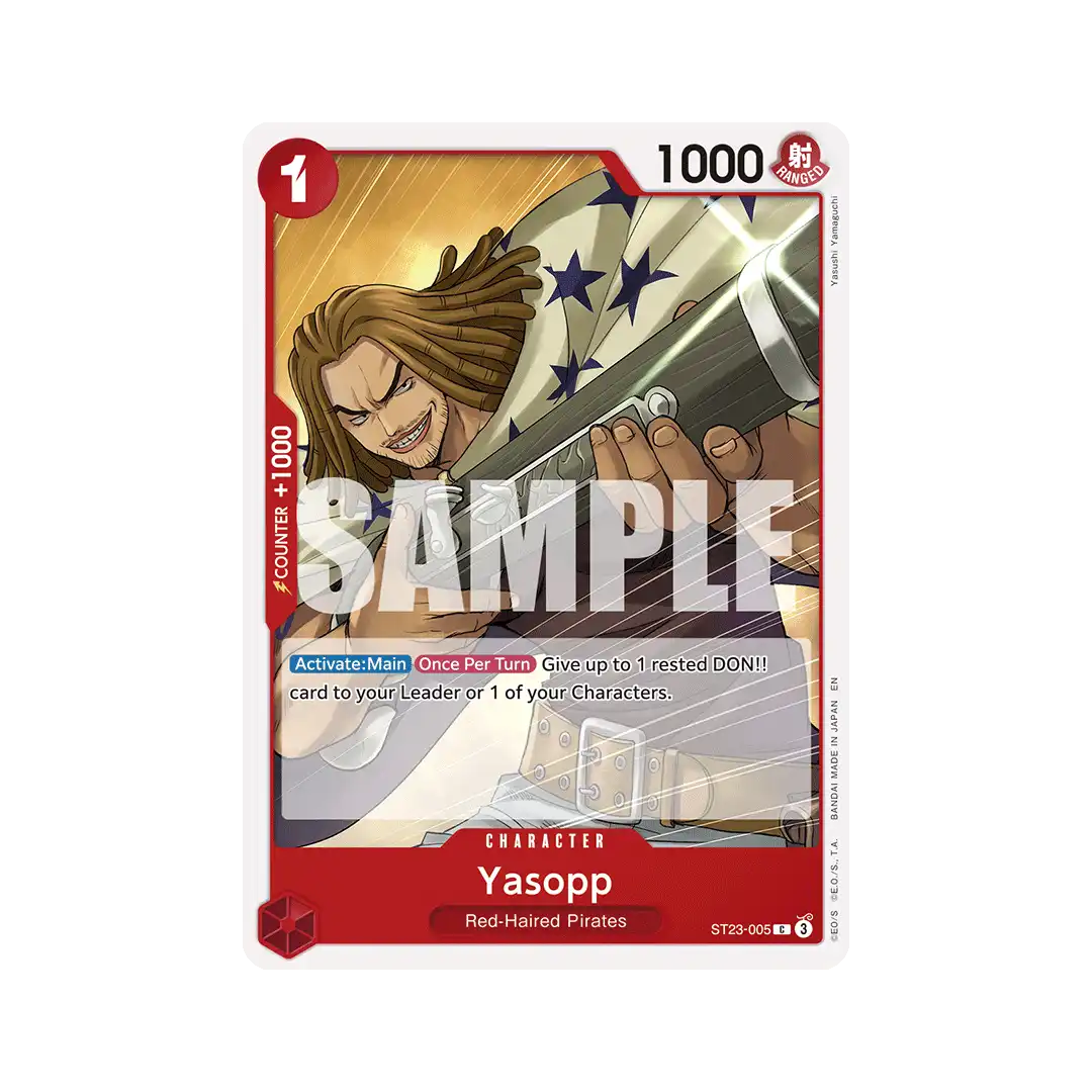 Carta Yasopp ST23 Red, membro dei Pirati del Rosso, con abilità che rafforza il leader o un alleato.