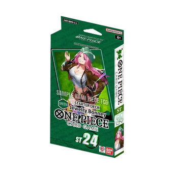 Scatola Starter Deck ST24 Green Jewelry Bonney del gioco di carte One Piece TCG, ideale per strategie difensive e controllo del gioco.