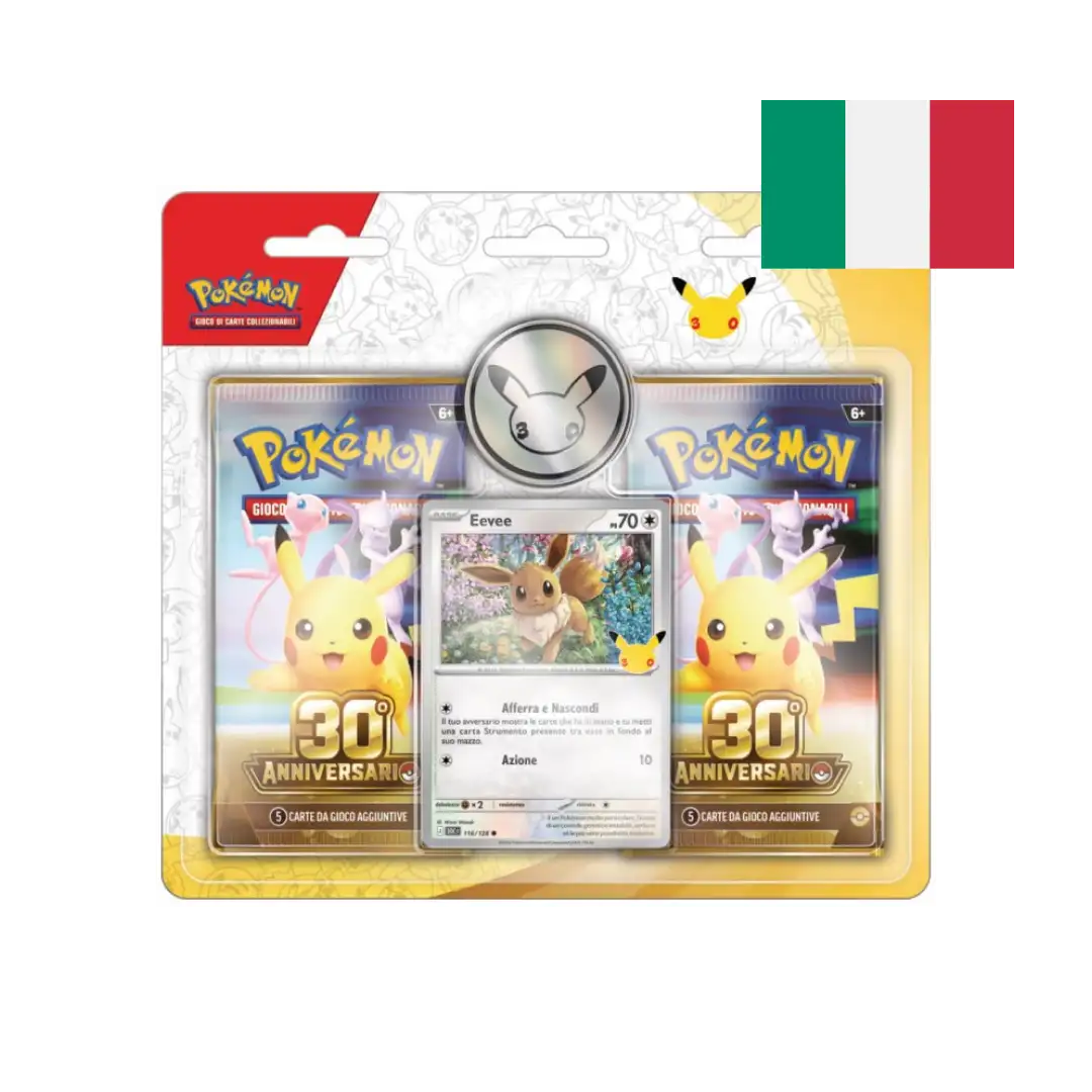 Blister Pokémon 30° Anniversario con 2 buste, carta promo olografica di Eevee e moneta da collezione, edizione italiana