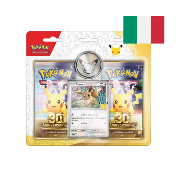 Blister Pokémon 30° Anniversario con 2 buste, carta promo olografica di Eevee e moneta da collezione, edizione italiana
