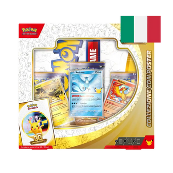 Collezione con Poster Pokémon 30° Anniversario: 3 buste, carte promo di Articuno, Zapdos e Moltres e poster fronte-retro