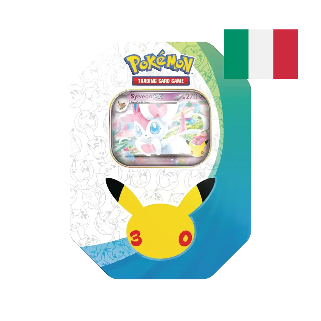 Tin da Collezione Sylveon-ex del 30° Anniversario Pokémon: scatola in metallo con 4 buste e carta promo olografica, edizione italiana