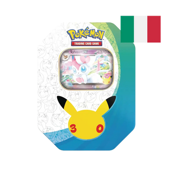 Tin da Collezione Sylveon-ex del 30° Anniversario Pokémon: scatola in metallo con 4 buste e carta promo olografica, edizione italiana