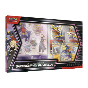 Confezione della Collezione Premium Garchomp-EX di Camilla con bustine, carte e sagome