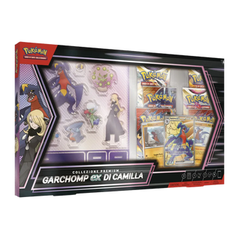 Confezione della Collezione Premium Garchomp-EX di Camilla con bustine, carte e sagome