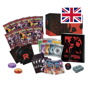 Contenuto completo Pokémon Elite Trainer Box Destined Rivals - 9 buste, bustine protettive, dadi, segnalini e guida - lingua inglese