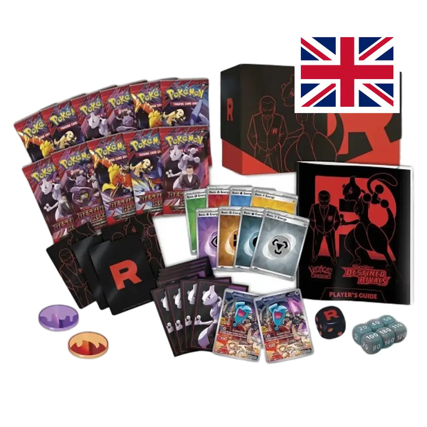 Contenuto completo Pokémon Elite Trainer Box Destined Rivals - 9 buste, bustine protettive, dadi, segnalini e guida - lingua inglese