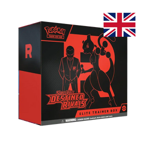 Elite Trainer Box Pokémon Scarlet & Violet Destined Rivals sigillata - artwork nero e rosso con Giovanni e Mewtwo - inglese