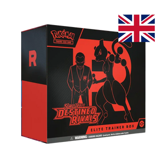 Elite Trainer Box Pokémon Scarlet & Violet Destined Rivals sigillata - artwork nero e rosso con Giovanni e Mewtwo - inglese