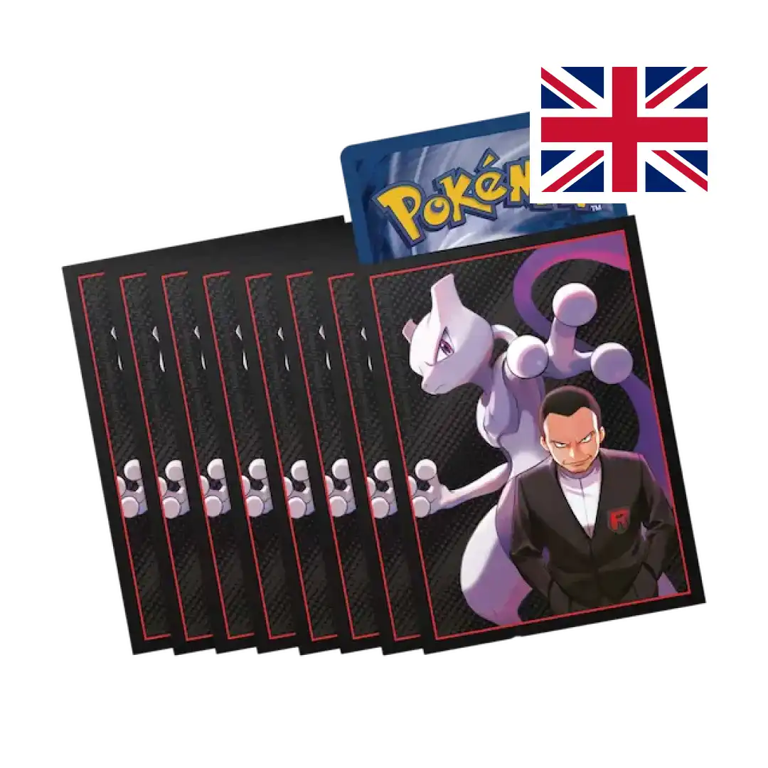 Box e bustine protettive della Elite Trainer Box Pokémon Destined Rivals con Mewtwo e Giovanni - stile Team Rocket