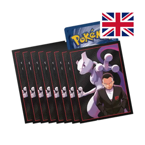 Box e bustine protettive della Elite Trainer Box Pokémon Destined Rivals con Mewtwo e Giovanni - stile Team Rocket